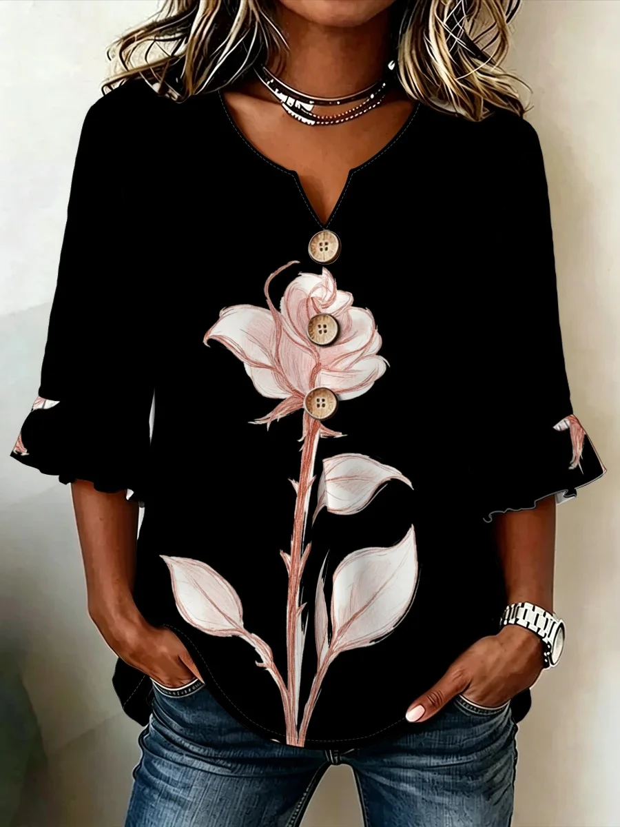Plus Size Women Blouse Black Rose Floral Print V Neck Decor Buttons 3/4 Flare Sleeve Casual Loose Shirt
