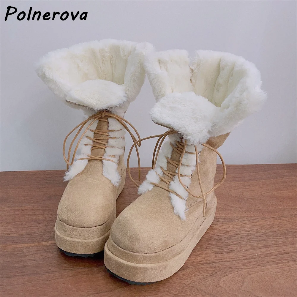 Thick Soled Furry Ankle Boots Khaki White Warm Double Platform Round Toe Cross Tied Lace Up Snow Boots Lovely Winter Shoes