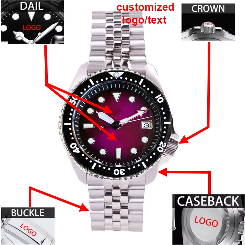 

Индивидуальные модные 3,8 механические часы с фиолетовым циферблатом Sunburst, мужские NH35A, 20 бар, водонепроницаемые наручные часы, стальной браслет с безелем 120 цилиндров