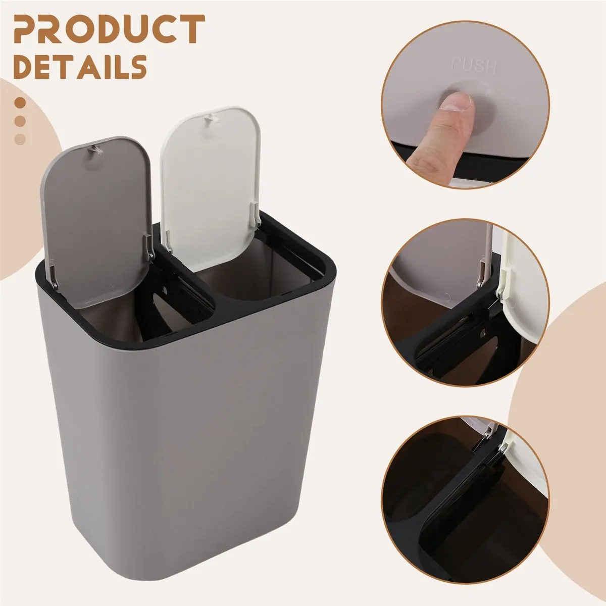 

Мусорный бак A45M, прямоугольный пластиковый кнопочный двойной отсек, 12-литровый мусорный бак для вторичной переработки, мусорный бак, серый