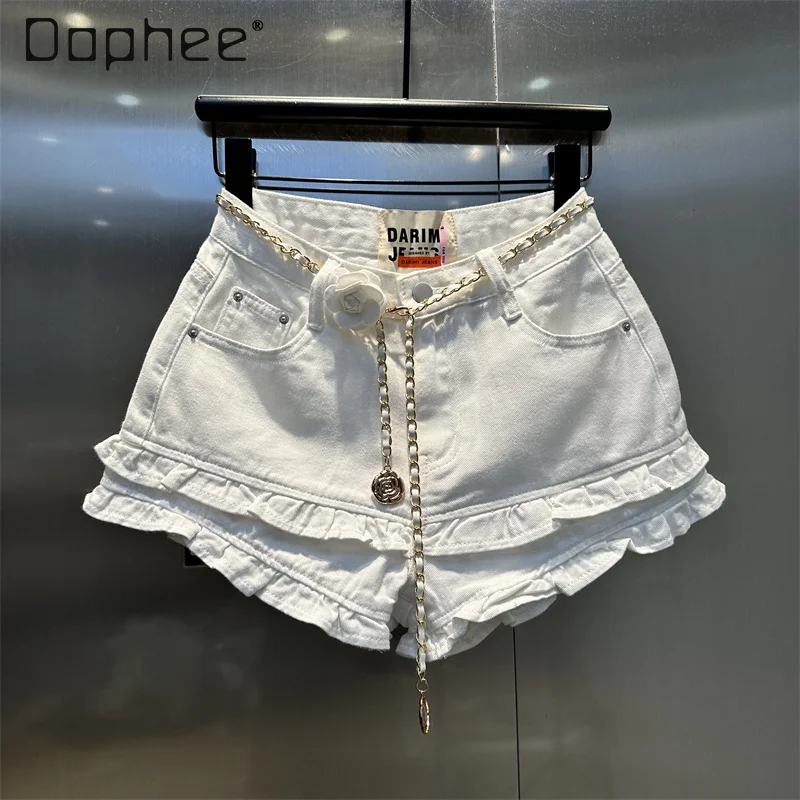 Korean Double Layer Ruffle Jeans Shorts White Floral Chain Belt A Line Denim Hot Pants Versatile Fashion Female Clothing