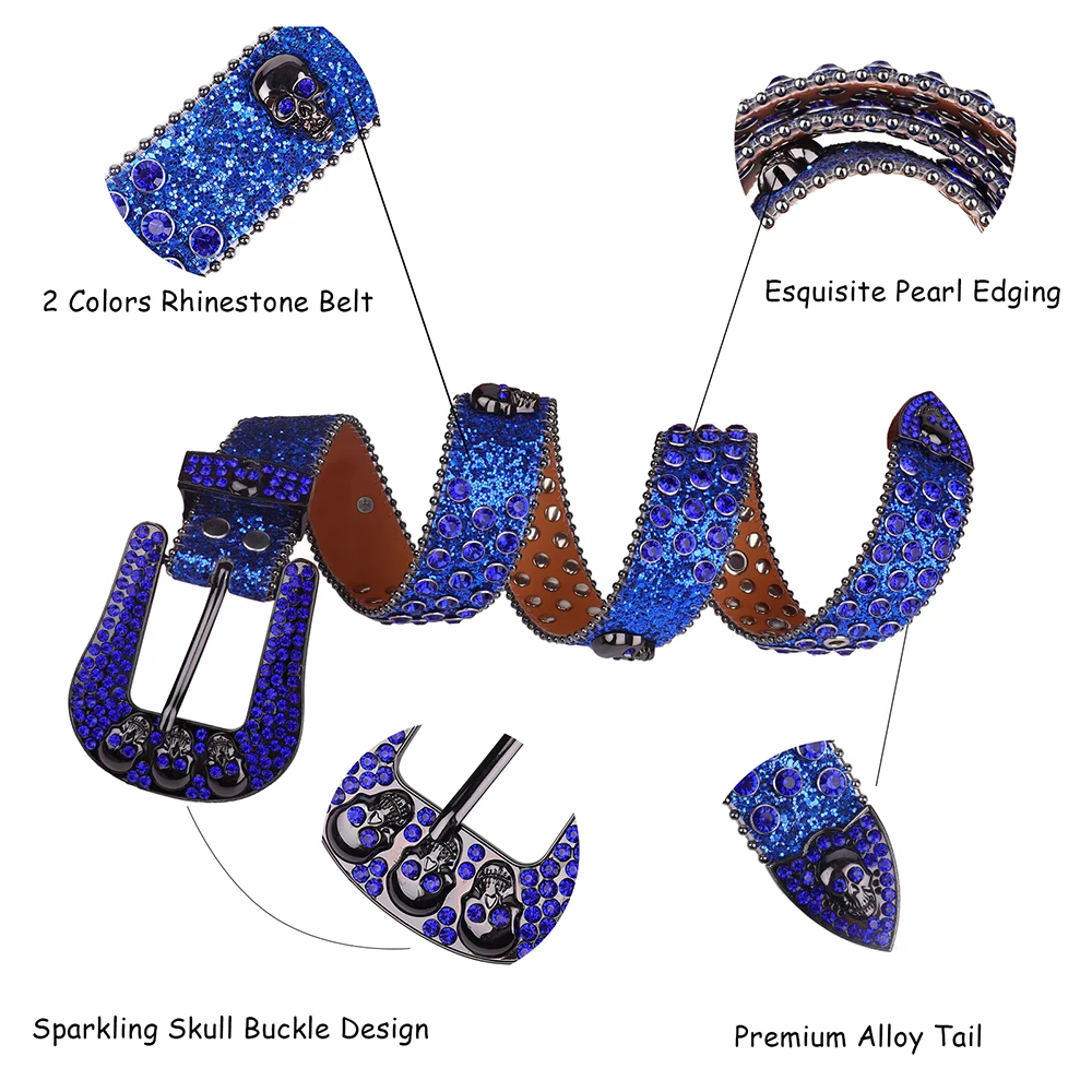 Skull Belts Rhinestone Belt Western Cowboy Sparkle Men Leather Strap Famous Brand Designer Diamond Studded Belts for Women Cinto