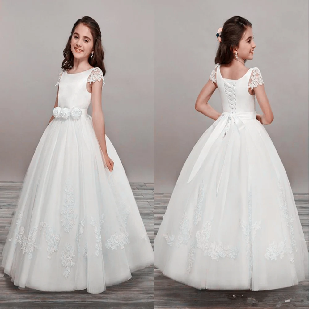 

First Communion Flower Dresses For Girls Backless Appliques Bows Tulle Ball Gown Pageant For Kids Princess Prom Evening Party