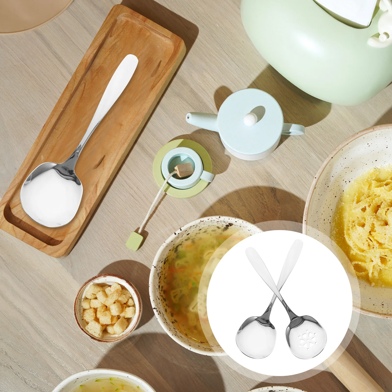 

2Pcs Stainless Steel Serving Spoons Multi-Functional Ergonomic Grip Home Party Use Kitchen Accessory Buffet