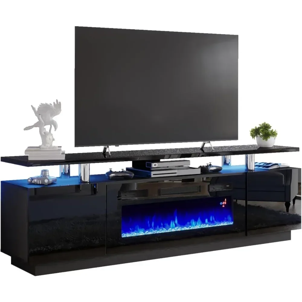 Armário de TV com lareira de 36", centro de entretenimento de lareira moderno de alto brilho de 70", suporte de TV de gabinete de console de 2 camadas