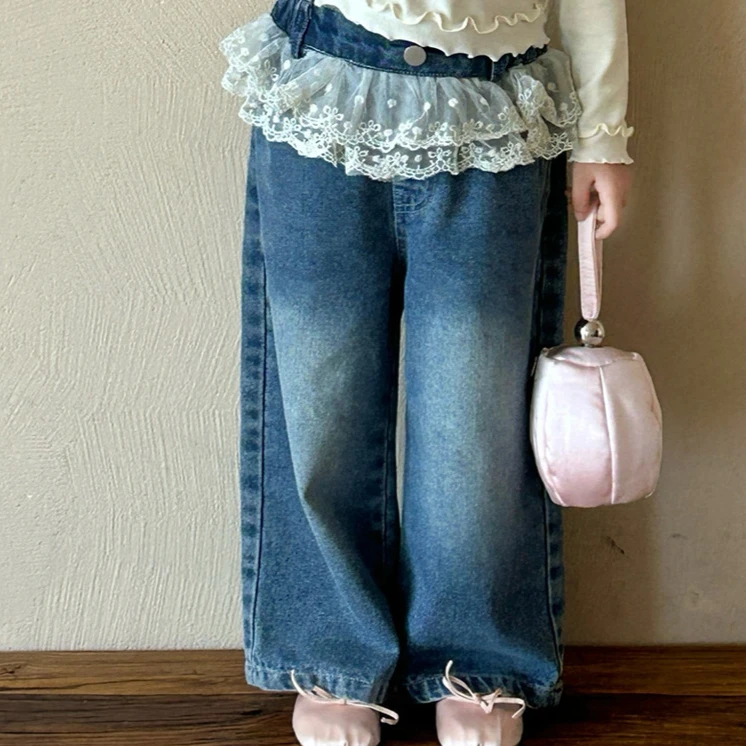 

Wide Leg Pants Autumn Childrens Clothing Trousers Girl Korean 2025 Flower Edge Jeans Children Easy Trousers Lace Loose