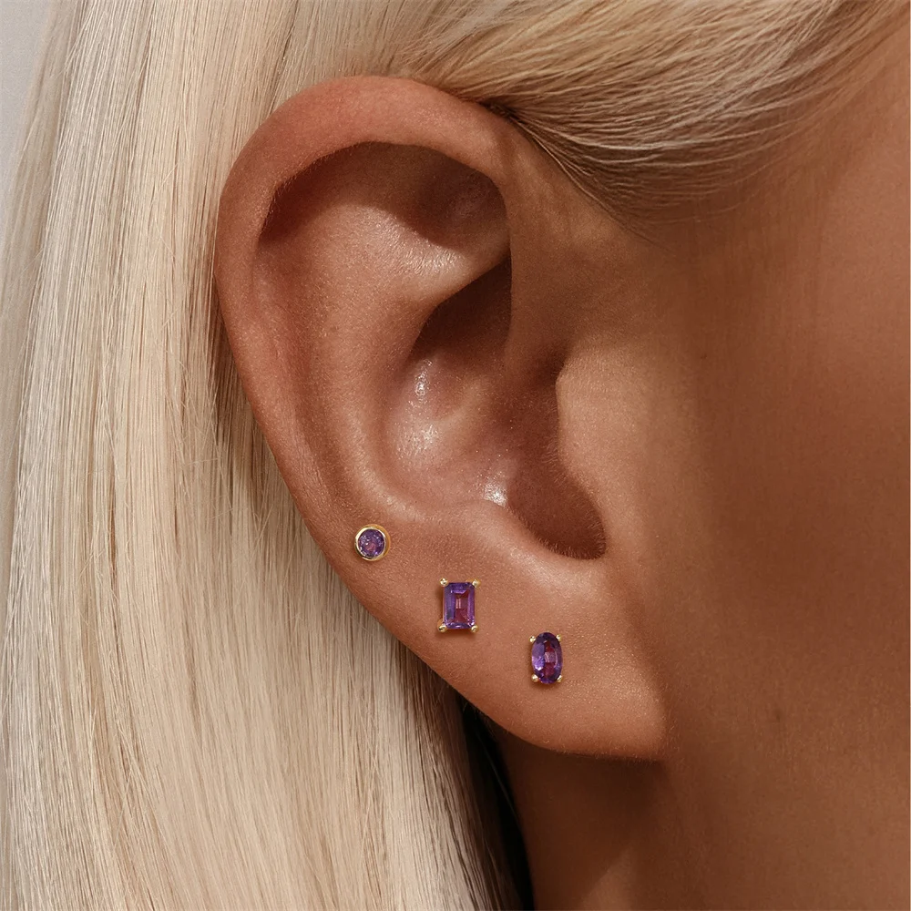 AIDE 925 Sterling Silver Natural Amethyst Piercing Earrings Shining 18K Gold Flat Head Threaded Puncture Ear Bone Ins Jewelry - view 4