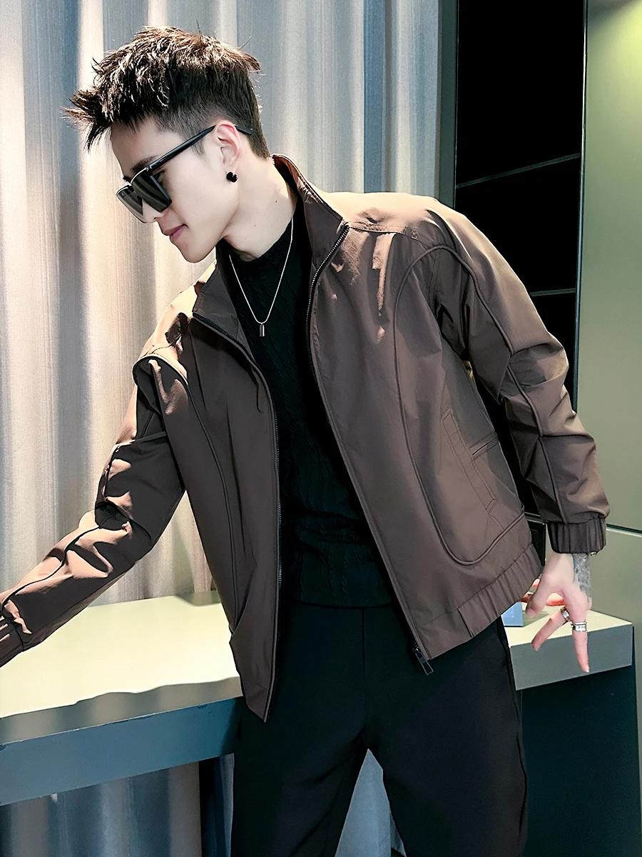 

Мужская повседневная куртка с воротником-стойкой в корейском стиле, весна-осень, новая модная модель, индивидуальный дизайн, для отдыха, из полиэфирного волокна, на молнии