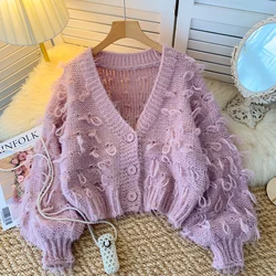 Vintage V-neck Chic Tassel Hollow Out Knit Single Breasted Top Korean Casual Women Streetwear High Street Autumn Winter Clothing