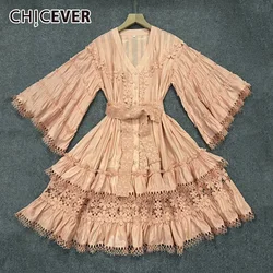 CHICEVER Bright Spliced Hollow Embroidery Dress for Women V Neck Half Sleeve High Waist Patchwork Lace Up Mini Dresses Female