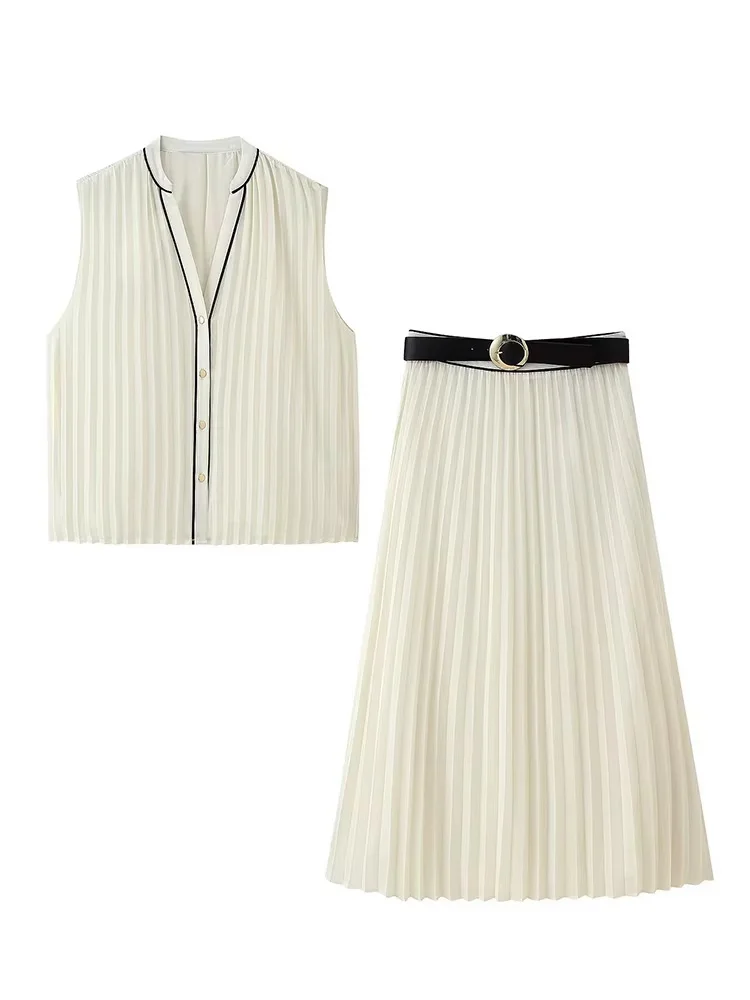 

HH Women Skirt Set Single-breasted V-Neck Vintage Sleeveless Pleated Shirt+High Waist Belt Decoration Casual Long Skirt