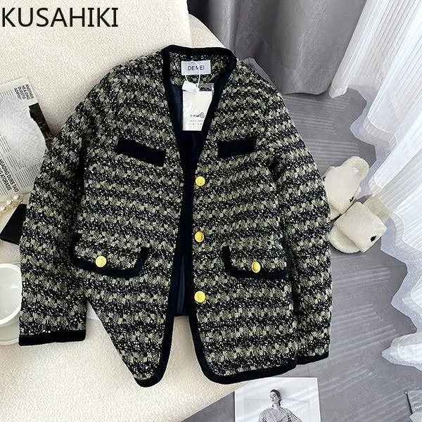 KUSAHIKI Vintage Weave Striped Tweed Coat Women Spring Autumn New Outwear Tops Causal Long Sleeve V-neck Korean Fashion Jakcet