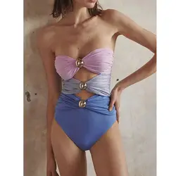 Kleur Blok Uitgesneden Glanzende Bikini Strand Eendelig Badpak En Sarong Dames Zomervakantie Badmode Mode Sexy Strandkleding 2024