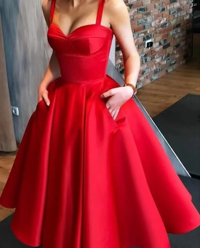 Red Womens Spaghetti Strap Short Satin Homecoming Dress Tea Length Prom Ball Gown A Line Cocktail  with Pockets