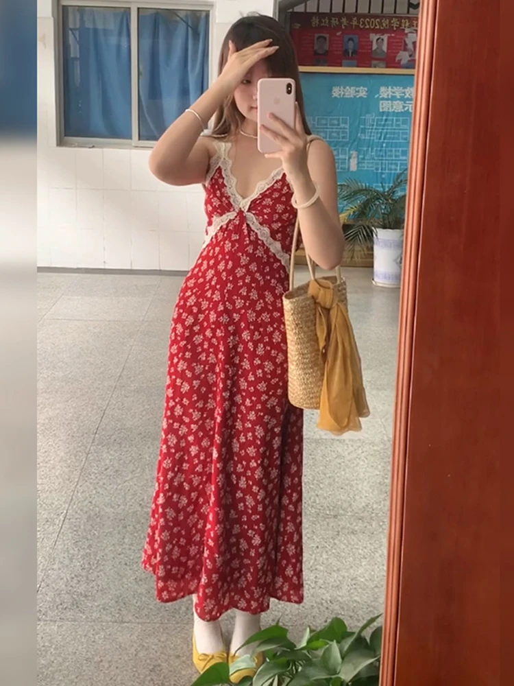 Abito Lungo Estivo da Donna con Stampa Floreale in Pizzo Rosso Retrò, Stile Giapponese Dolce con Vita Alta e Cintura