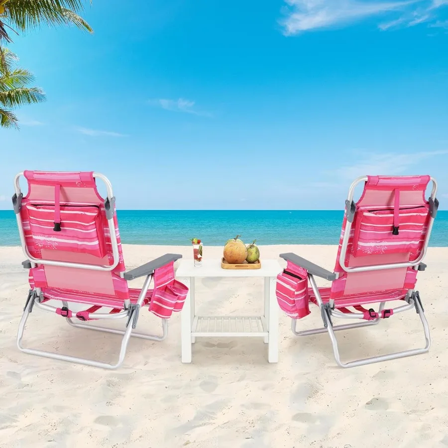 2-Pack Folding Beach Chairs for Outdoor Patio Use, Polyester Fabric in Pink Stripe, 5-Position Adjustable Backrest with Cooler