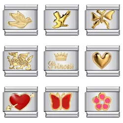 URING Fashion Gold Color Eagle Pigeon Butterlfy Heart Italian Links Charm Fit 9mm Stainless Steel Bracelet Jewelry DIY Making