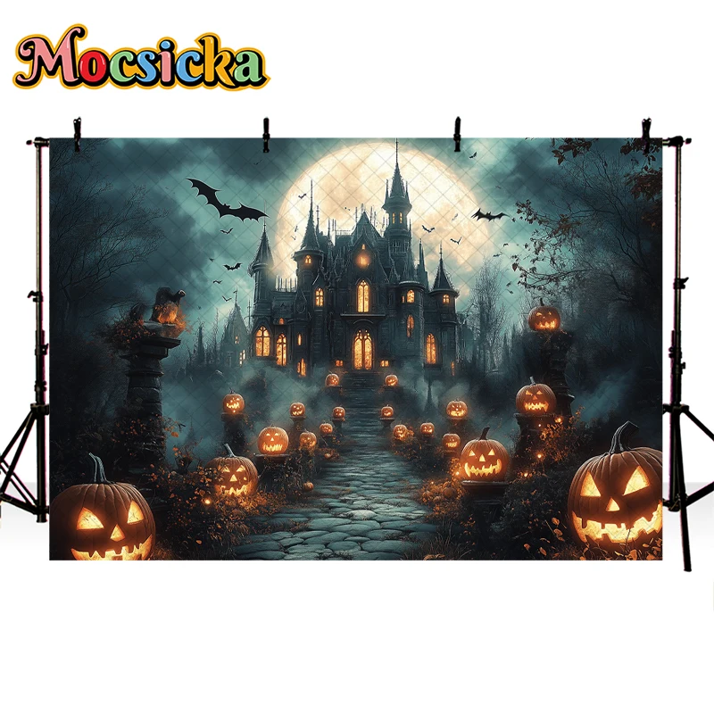 Mocsicka Fall Halloween Backdrop Photography Spooky Castle Moon Pumpkin Decor Cake Smash Kids Portrait Photo Background Studio