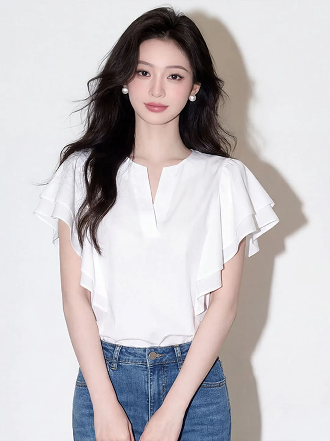 

Elegant White Short Sleeve Shirt Women's Commute Style Puffy Hemline Versatile Slimming Summer Shirt Korean Straight Cut Silk