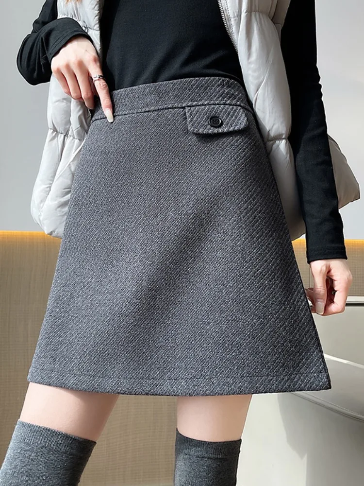 High Waist A-Line Skirt Women's Winter Thickened Grey Spin Wool Soft Comfortable Korean Style Commute Soft Comfortable