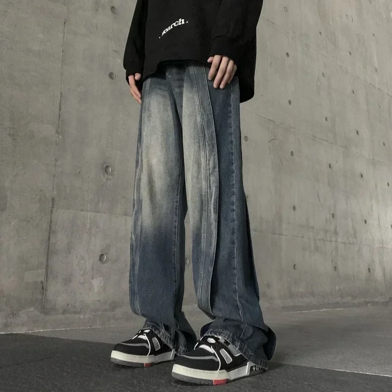 Autumn Men's  High Street Spliced Design Jeans Trousers Hip Hop Fashion Wide-leg Denim Pants 2024 New Y2K Vintage Baggy Jean