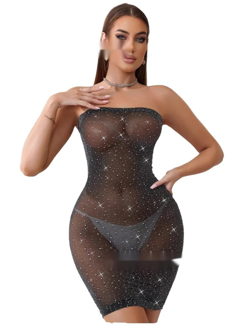 2025 Sexy Kleid mit Schienbeinen, sexy Slim-Fit, sexy, aushöhlen, transparent, schulterfrei, Wickelkleid, Hüfte, Minikleid, elegant, R97A
