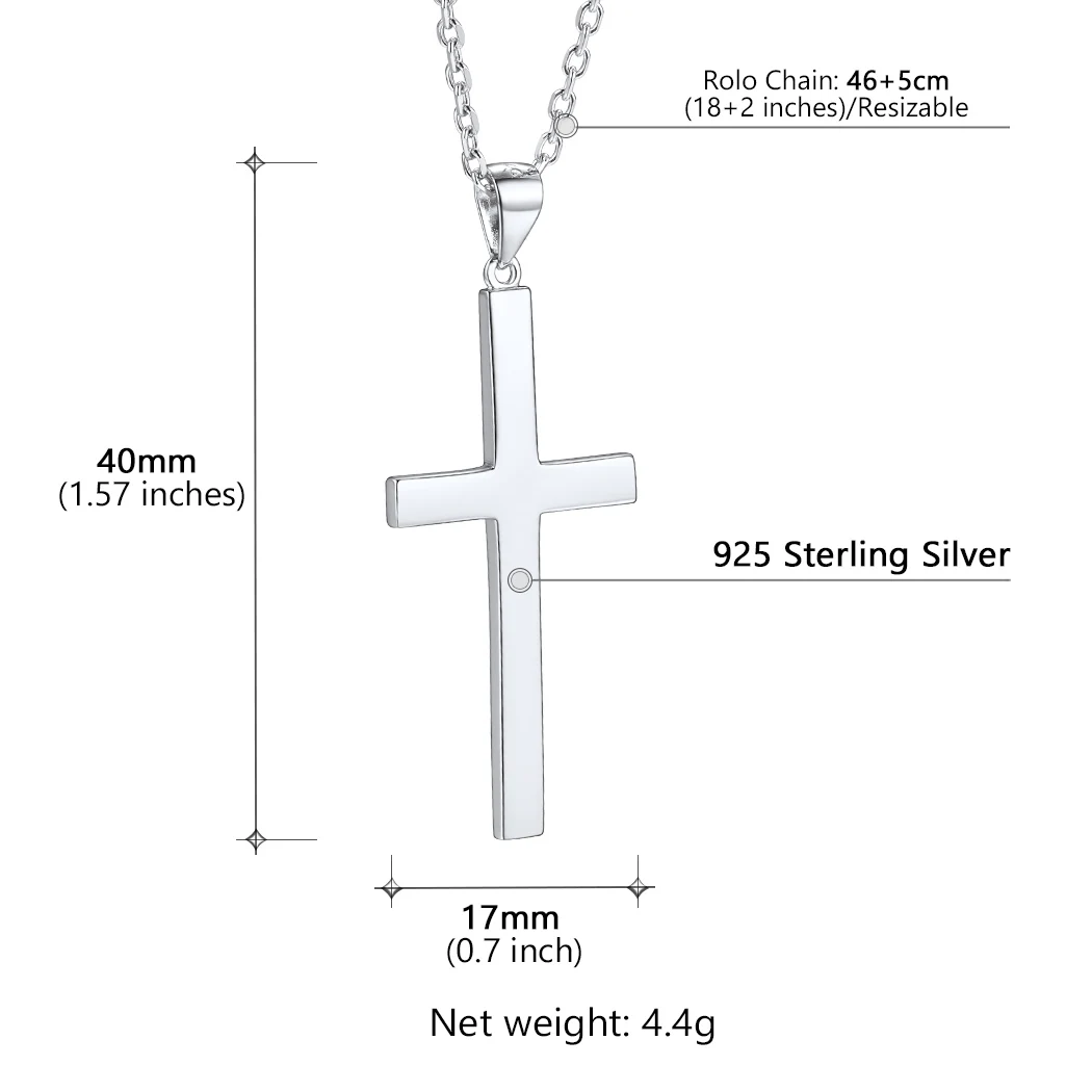 U7 Collana con croce in argento sterling 925 4.4g Ciondolo croce lucido Catena Rolo Minimalista Religioso Cristiano Regalo di gioielli unisex