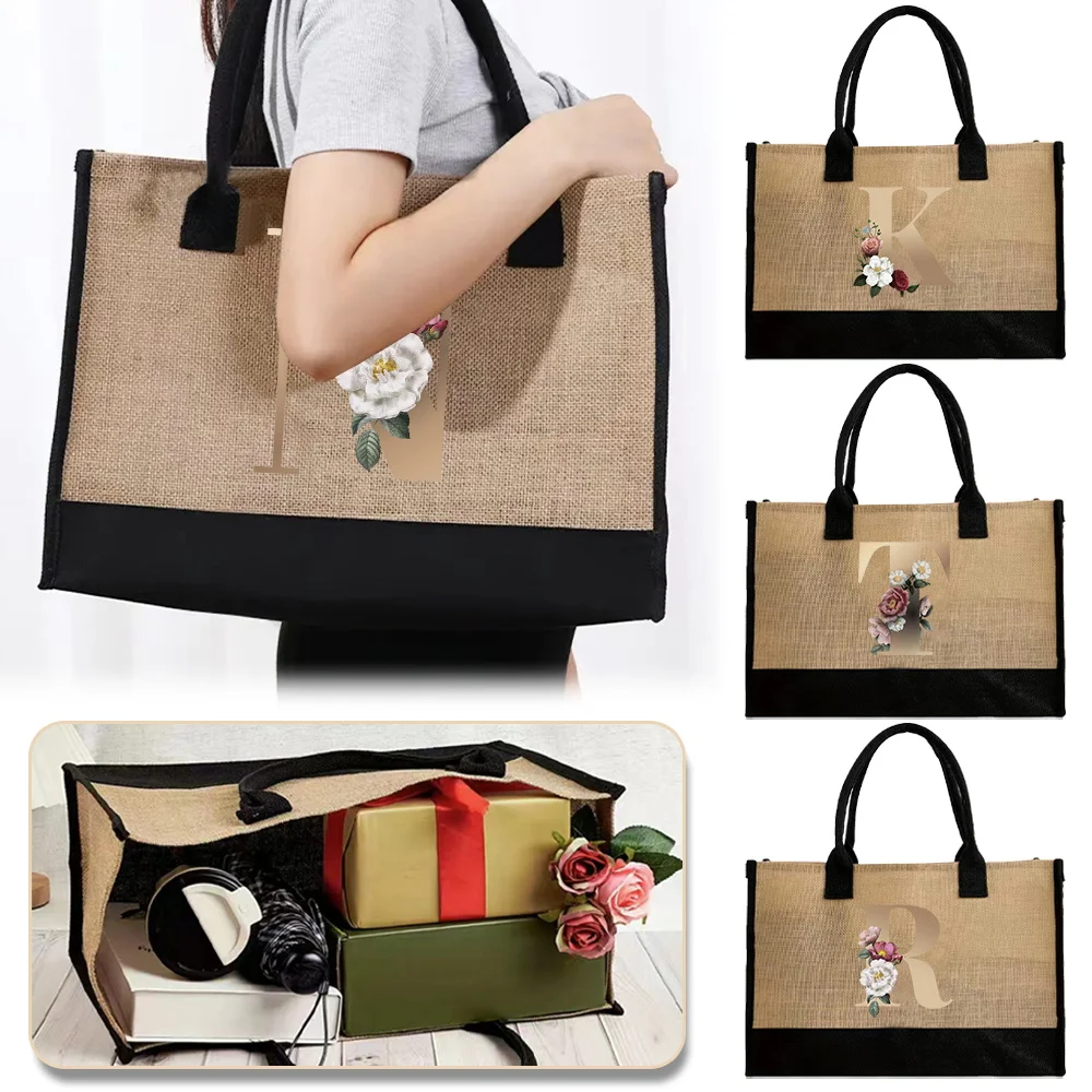 Vintage Jute Shopper Bag Portable Eco Imitation Sacks Grocery Bag Gold Letter Series Large Capacity Shopping Bags Commuting Bags