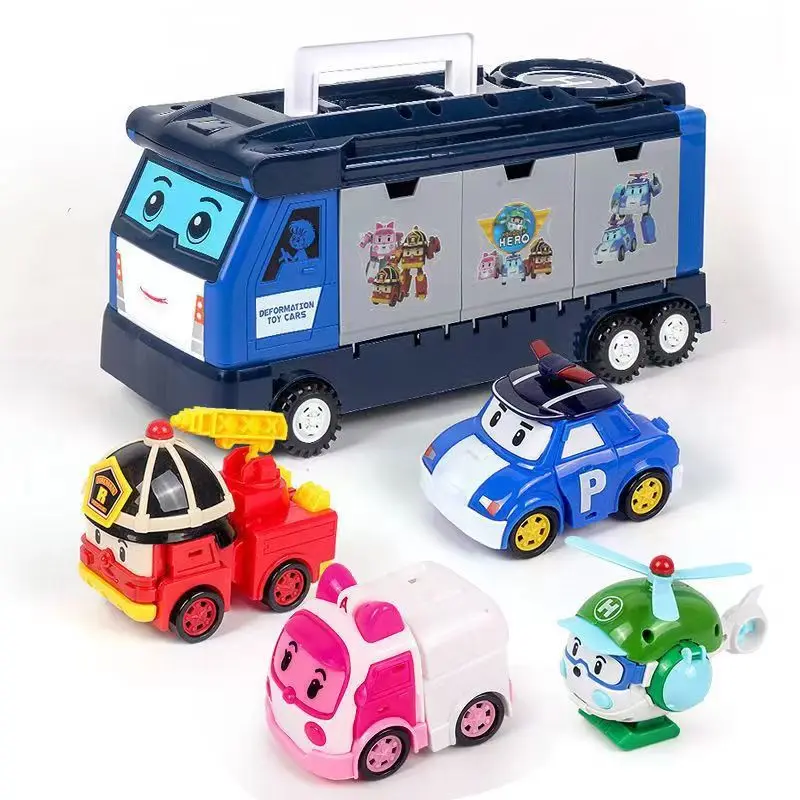 Poli children's car set robot toy modified car cartoon action doll children's gift 6-piece set