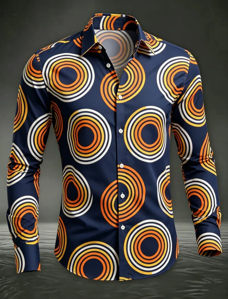 Trendy Men Button‑Up Shirt Retro 70s Disco Concentric Ring Target Art Print Polyester Festival Street Dating