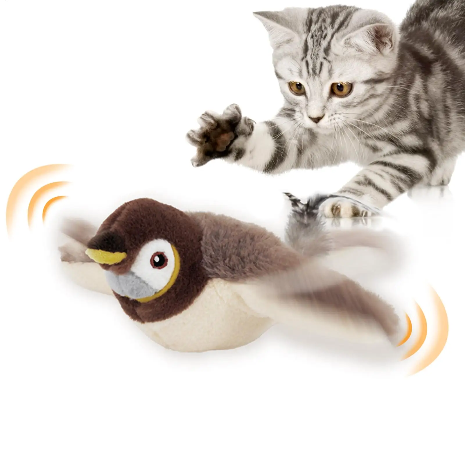 Interaktives Katzenspielzeug, wiederaufladbar, fliegender Vogel, Katzenspielzeug, zwitschernender, schlagender Vogel (kein fliegender), kann Katzenminze-Touch-aktiviertes Plüschtier hinzufügen
