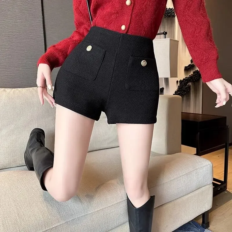 여성용 트위드 블랙 마이크로 반바지, 하이 웨이스트 스트레이트 레그 팬츠, 스위트 핫 걸, 우아한 패션, 가을 및 겨울