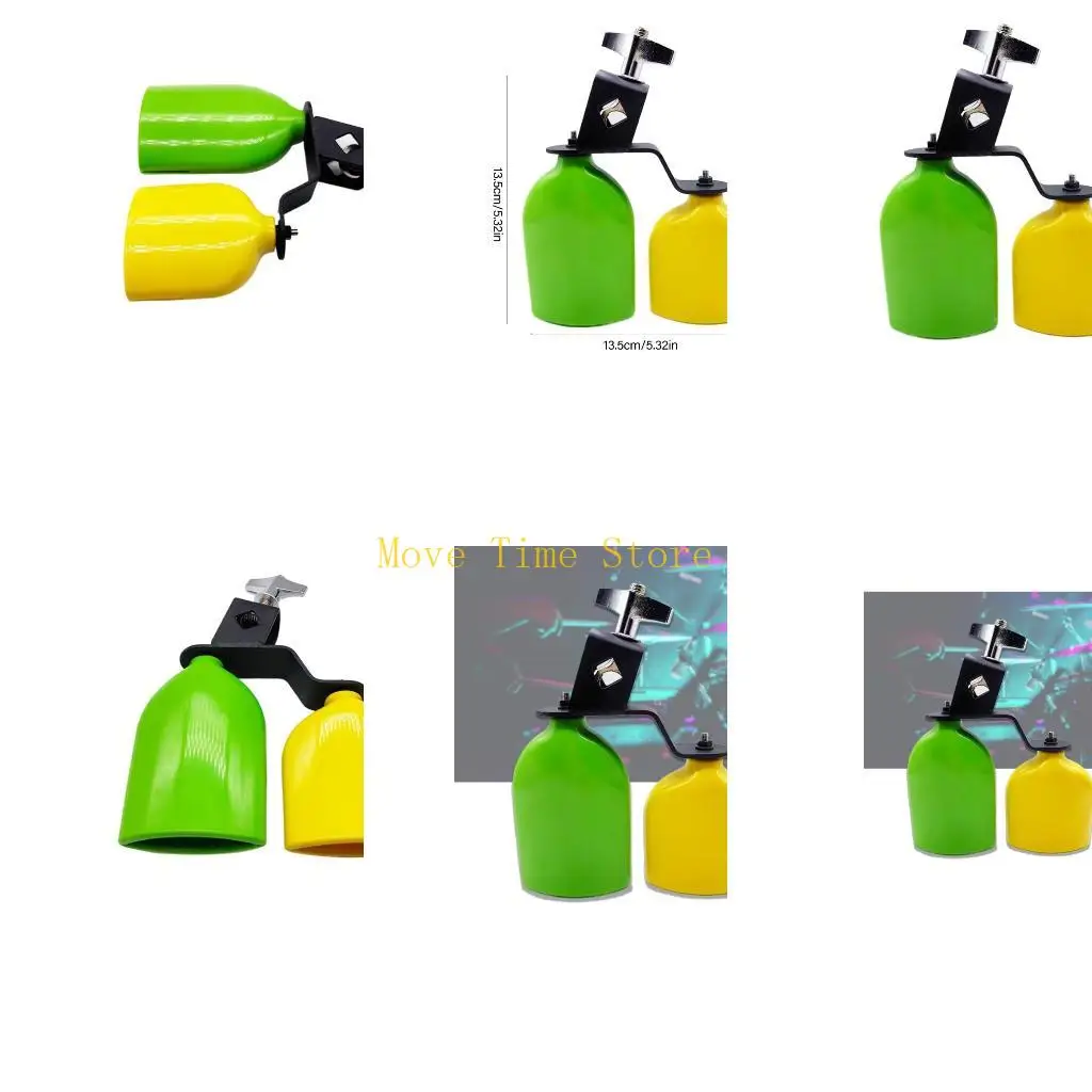 92ME High and Low Tones Double Mounted Bells Percussion Instruments Bicolor Cowbell Clapper for Drum Set Easy to Install