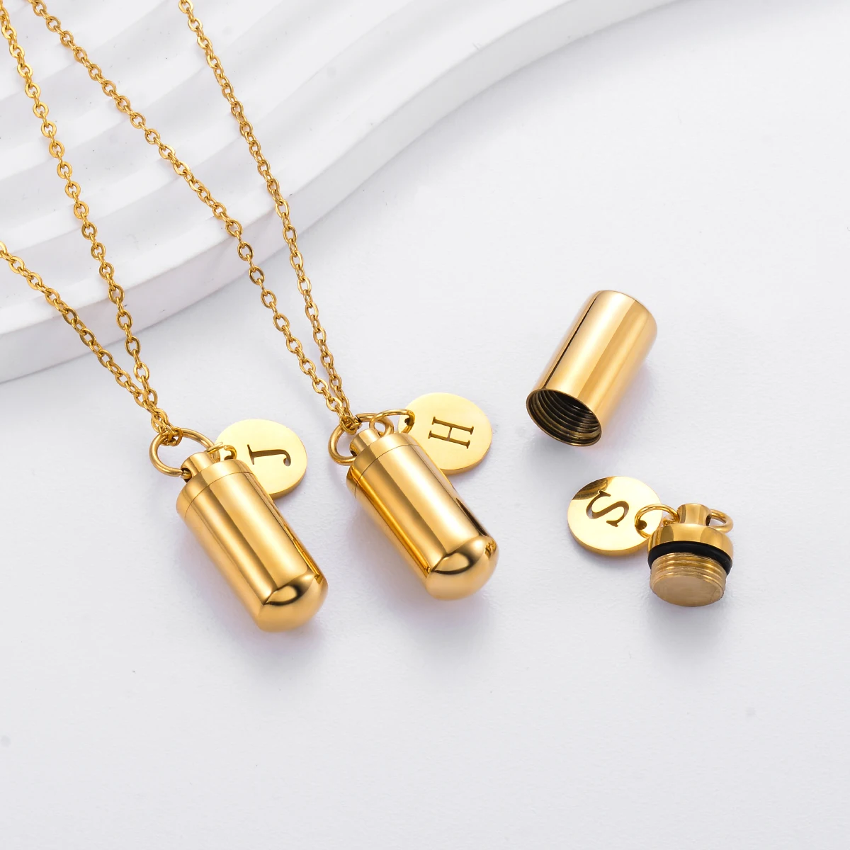 Gold Color Stainless Steel Cremation Urn Ashes Cylinder Vial Pendant Necklace  Letter Initial Charm Memorial Jewelry