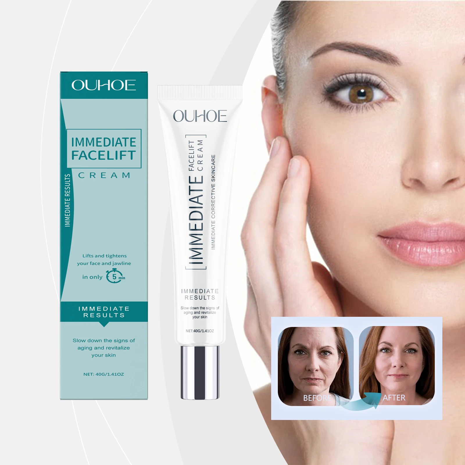ครีม Facelift ทันที - ทรีทเม้นต์กระชับและยกกระชับ 5 นาทีสําหรับใบหน้าและเส้นขากรรไกร |   ครีมต่อต้านวัยพร้อมผลลัพธ์ที่มองเห็นได้