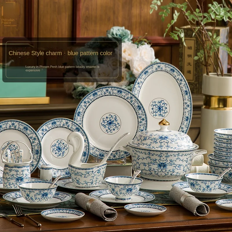 

High-End Simple Chinese Ceramic Home Bowls and Dishes Tableware Set Blue and White Enamel Wedding Gift Combination