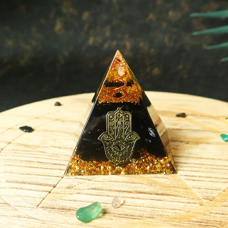 Picture 3: Hamsa Hand Resin Crystal Pyramid Black Obsidian Orgonite Pyramid Energy Meditation Blessing Home Office Judaica Protection Gift