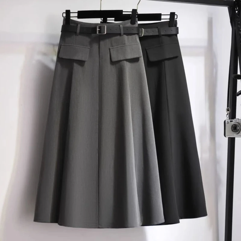 Korean Fashion Autumn Women\'s Solid Pleated Button Elastic High Waist Simplicity Casual Chic Slim Mid-length A-line Suit Skirt