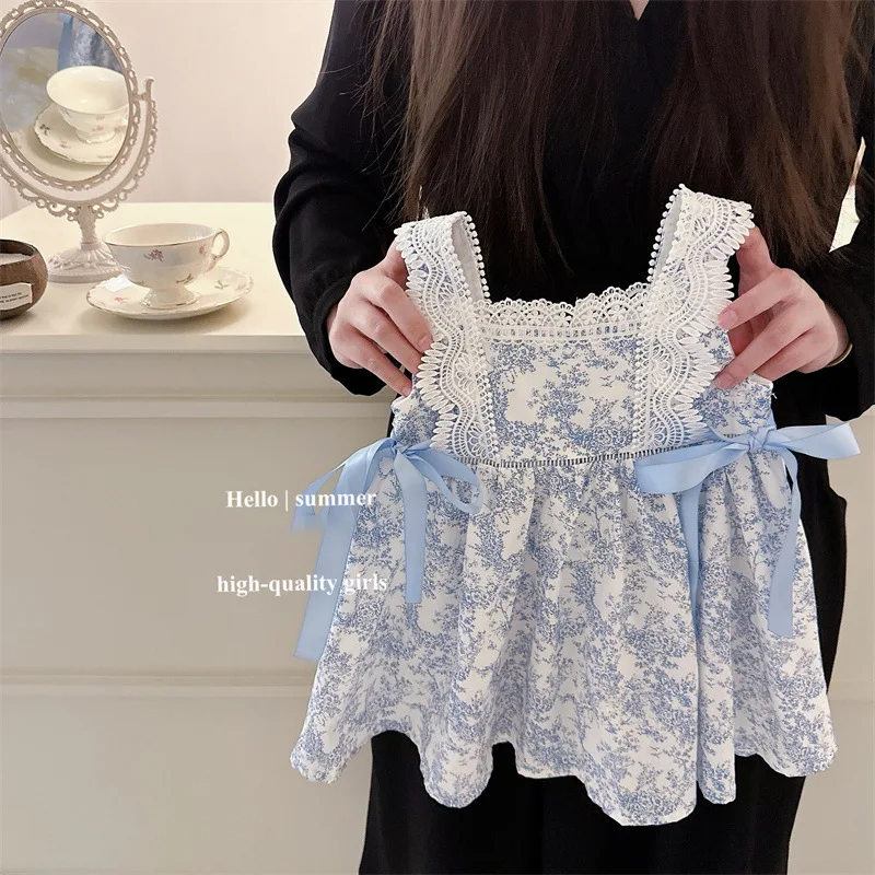 

New Summer Sweetheart Baby Girl Sweet Cute Bow Sleeveless Blue White Porcelain Lace Spaghetti Strap Dress for 3-8 Years