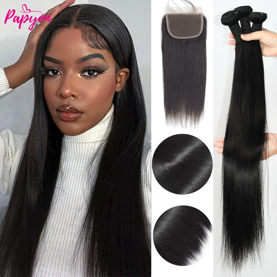 Bone Straight Human Hair Bundles With Closure 5x5 Lace Closures With Bundles Brazilian Hair Weave Bundles With Closure Remy Hair