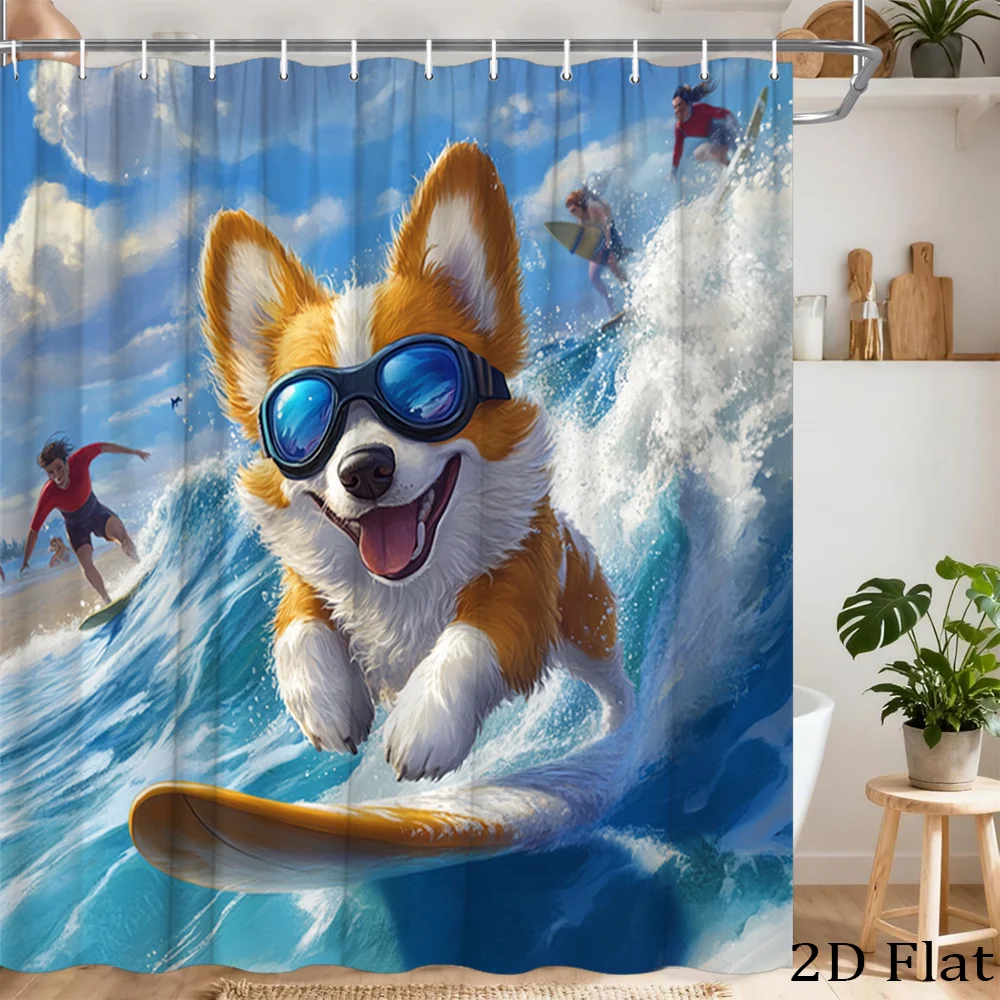 

Vibrant Dog Surfing Shiba Inu Wave Shower Curtain Waterproof Tropical Beach Pet Bathroom Curtain 180x180cm
