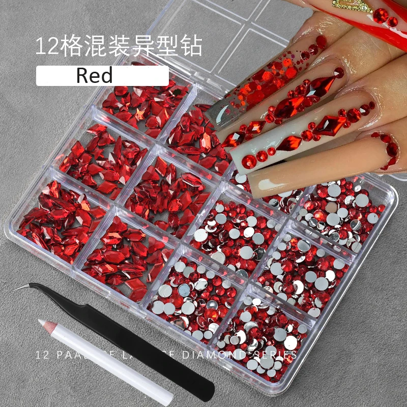 

12Grid Valentine's Day Red Nail Rhinestone SS4-SS16 Shiny Round Diaond+Multi-shape Red Crystal With Pen+Tweezers Red Nail Gem