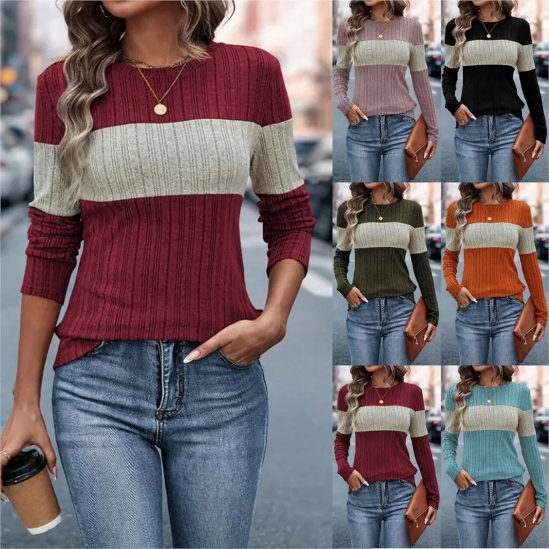 Women\'s Tops Autumn New Color Splicing Crew-neck Long Sleeve Top T-shirt Elegant Vintage Striped Slim Casual Winte Women Clothes