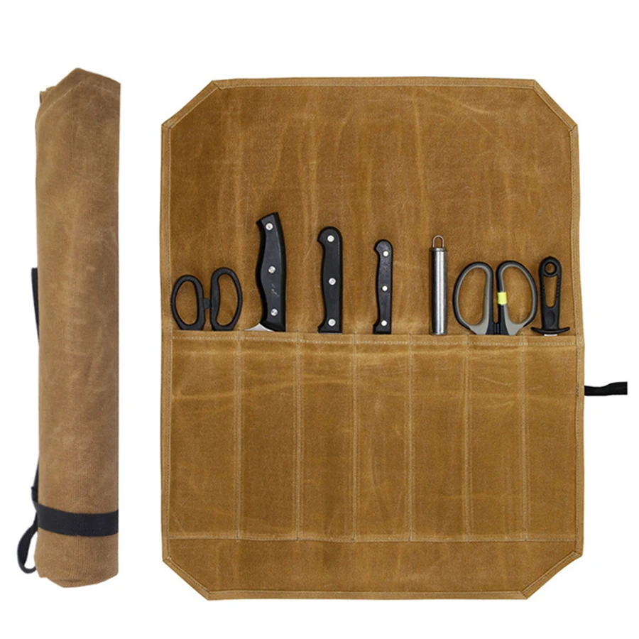 Canvas-Rolltaschen Tragbare Aufbewahrungstaschen Kochutensilien-Tragetasche Wasserdichte Rolltasche mit 7 Fächern – Detail 1