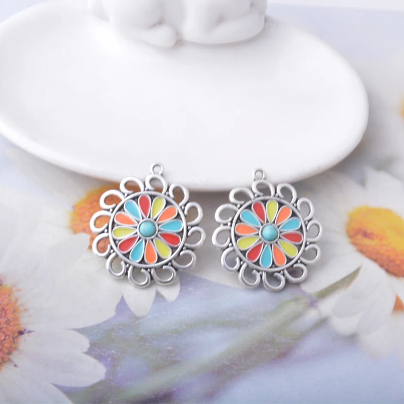 12 Stück/Los Legierung Antik Silberfarbene Feder Emaille Blumen Acryl Charms Schmuckzubehör Ohrringe Anhänger – Detail 6