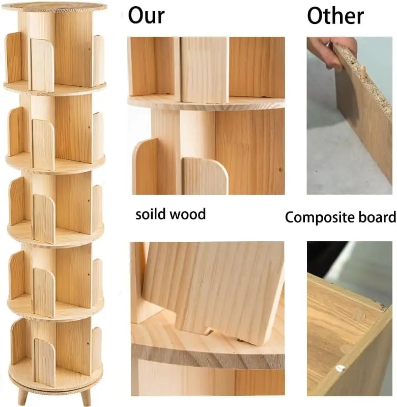 5 Tier Rotating Bookcase With Legs,360°Display Wood Round Bookshelf,Swivel Bookcase