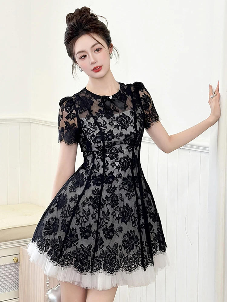 فستان نسائي صيفي جديد بأكمام قصيرة من الدانتيل باللون الأسود الوردي أنيق بفيونكة شفافة من التول لحفلات الكوكتيل بقصة ضيقة فستان رسمي للسيدات