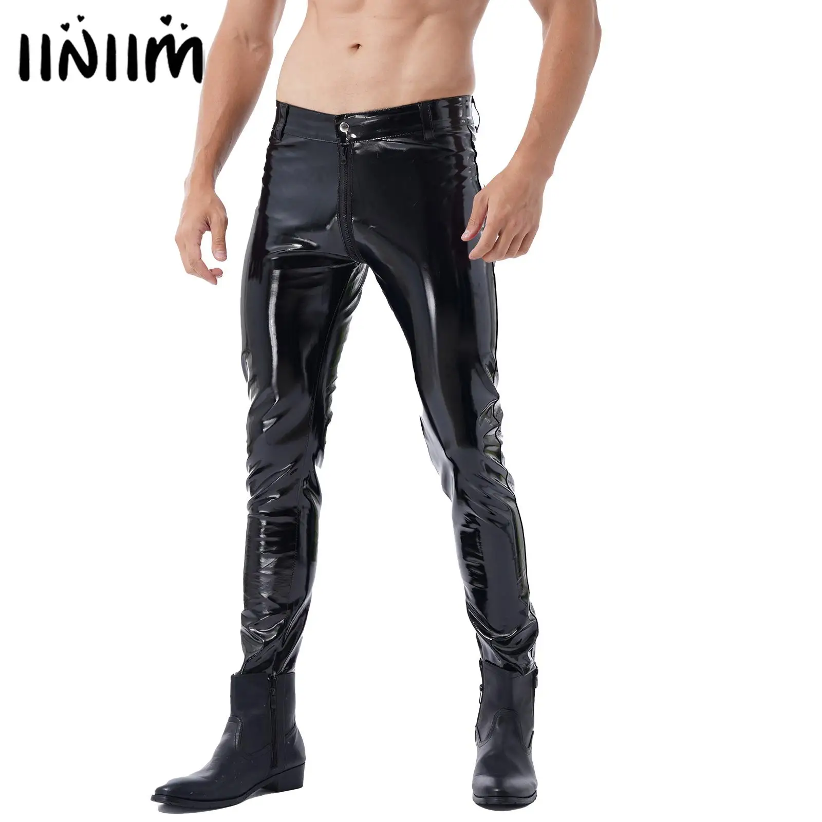 

Moto Pants Leather Zipper Crotchless Pants Mens Clothing Fashion Wet Look Nightclub Performance Costumes Wet Look Trousers