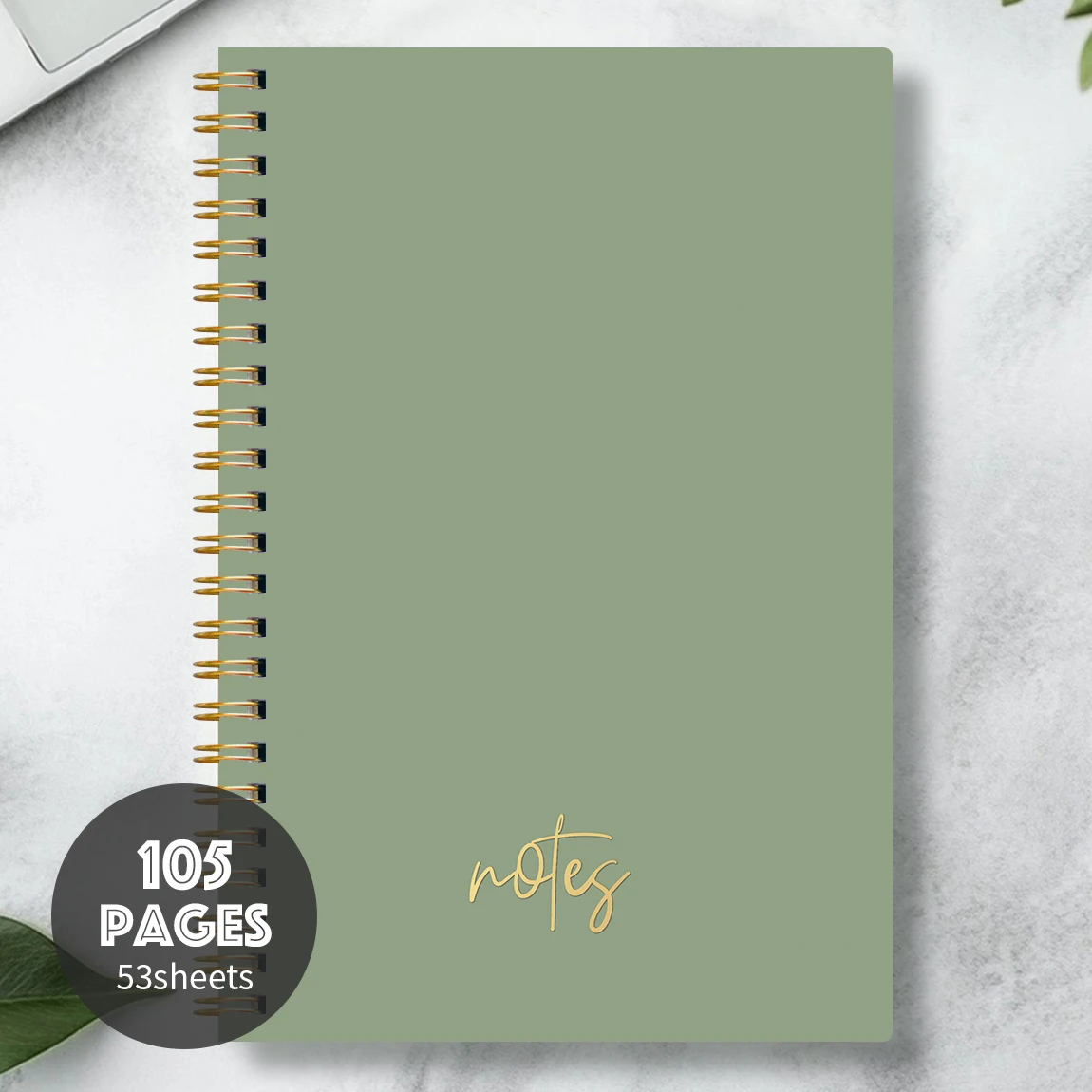A5 Spiral Notebook, 105 Pages Sage Green Notes Journal, Gold Cover Design for Office Writing & Daily Planning