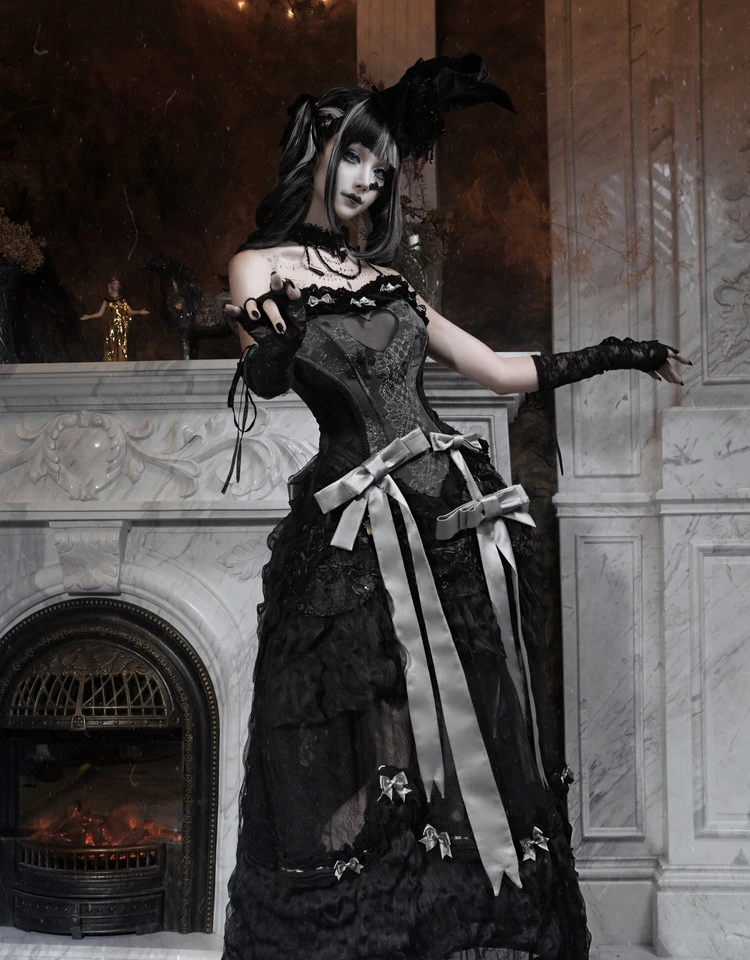 الأصلي هالوين كوس الأسود القوطية ذيل طويل تنورة 2025 جديد المرأة الفرنسية أنيقة الرجعية التنانير هيكل السمكة مشد تي شيرت مجموعة